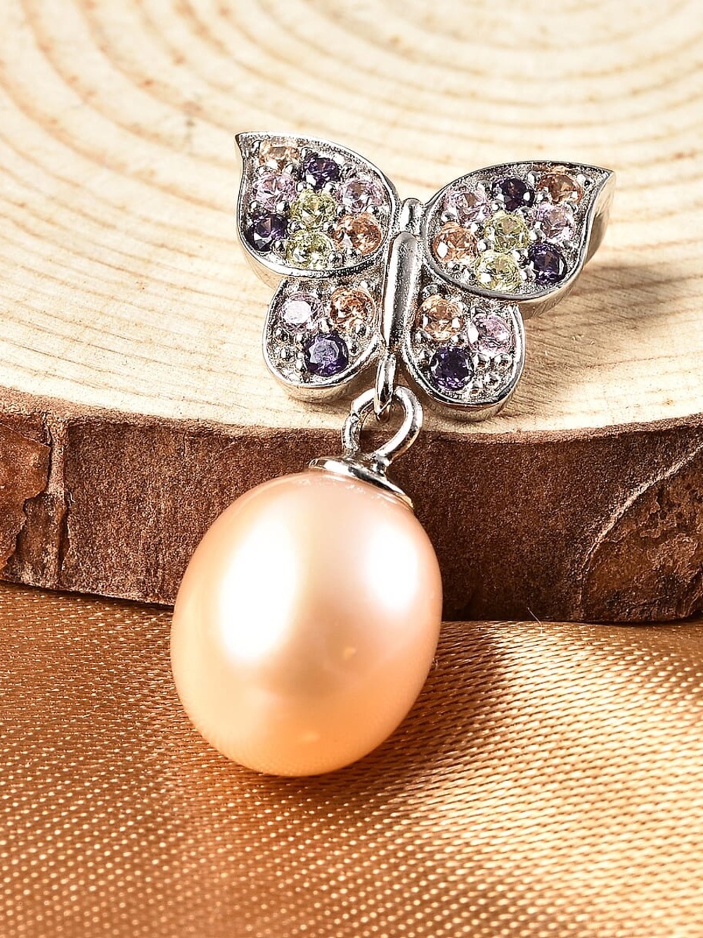 Butterfly Simulated
Diamonds and Cultured Pearl Pendant in 925 Sterling Silver